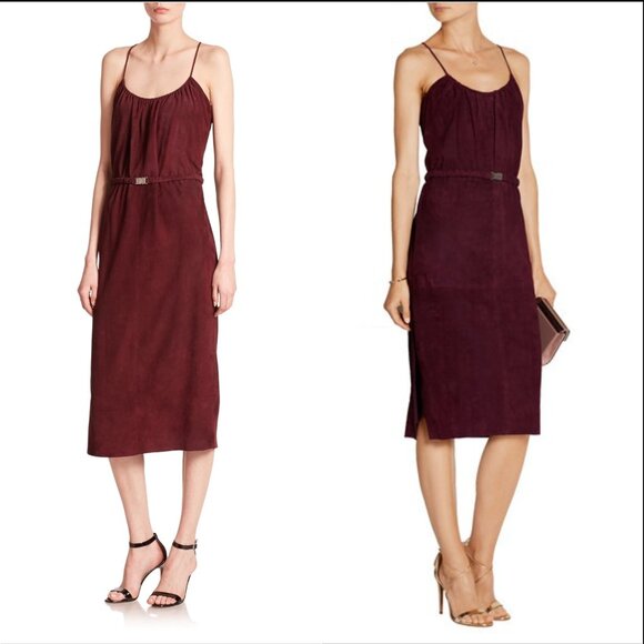 HALSTON Heritage Midi Dress Lamb Leather Suede Wine Burgundy Cami size 12 $1195 - Picture 11 of 11